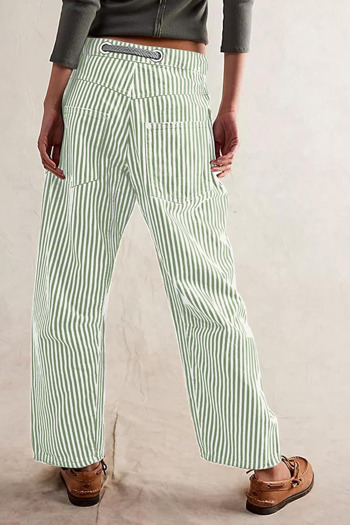 Loose Casual Striped Wide Leg Drawstring Trousers