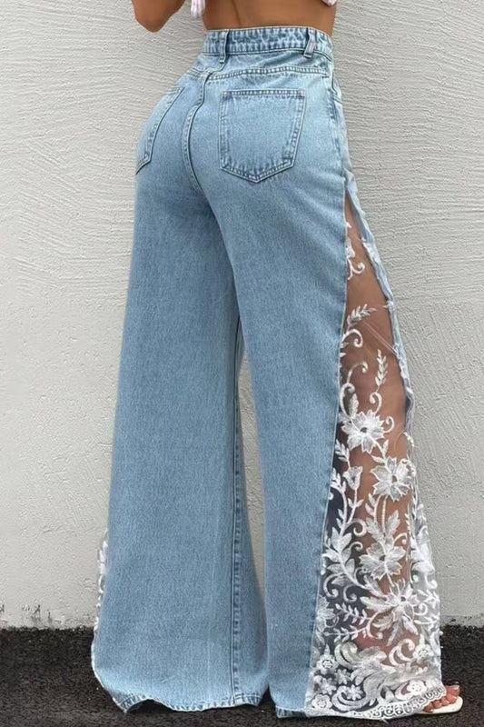 High-Waisted Lace Insert Wide Leg Jeans