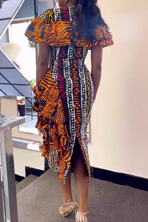 Print Contrast Ruffle Back-Vent Dress