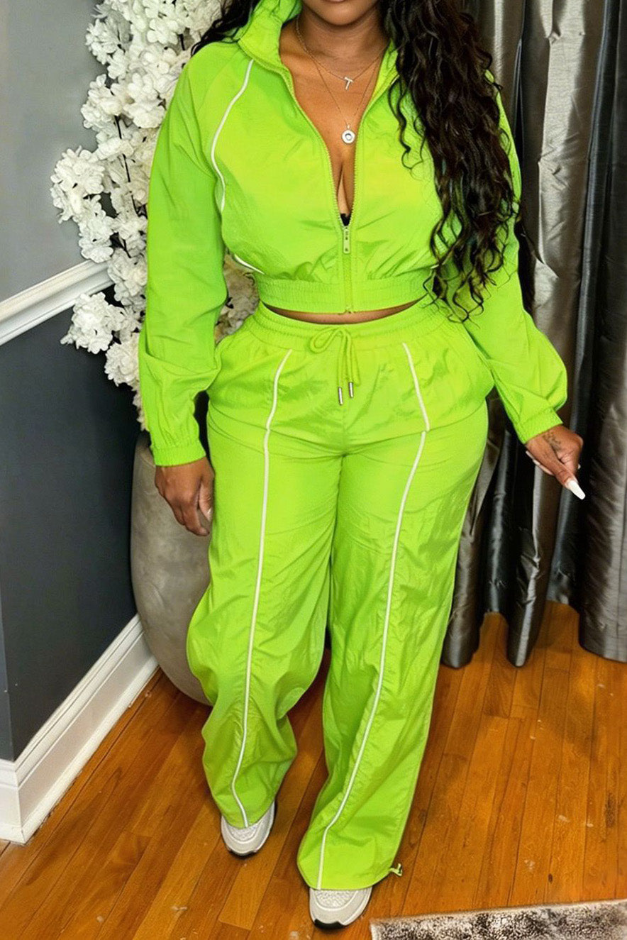 Zip-Front Piped Top & Wide-Leg Pants Set