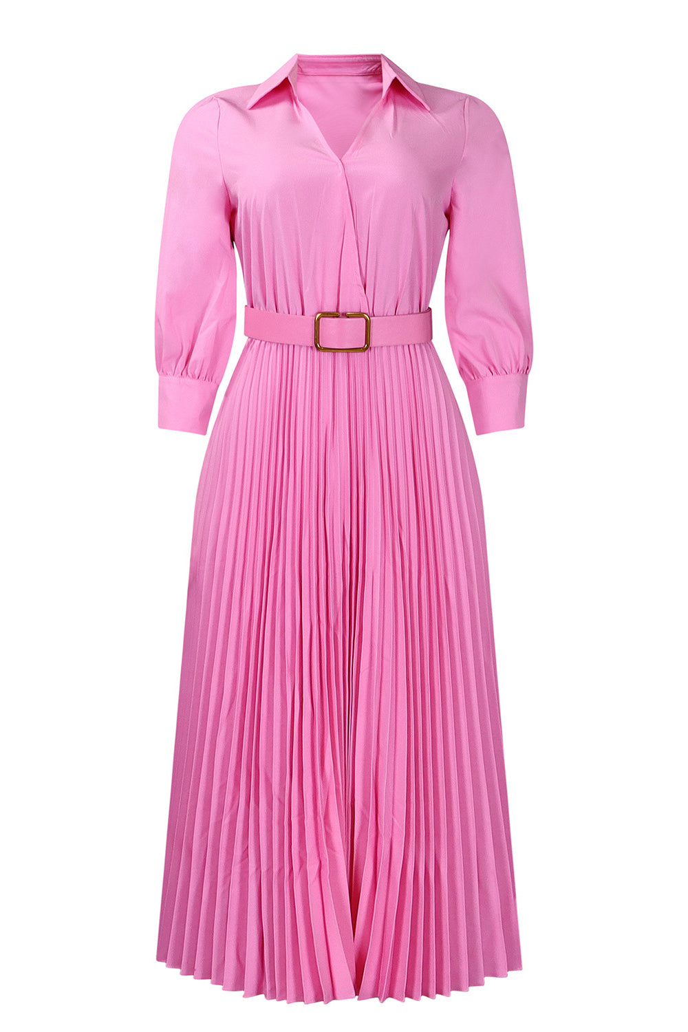 Solid Color Cinched Waist Pleated Long Dress