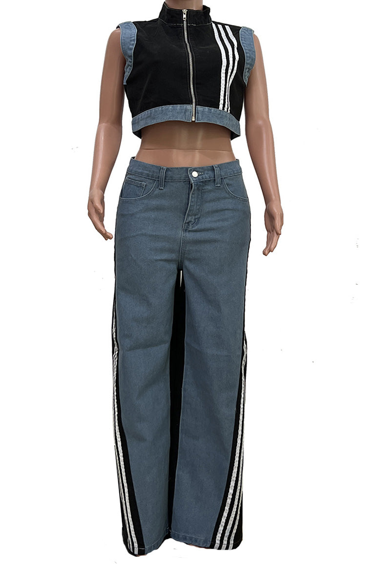 Striped Cropped Top Denim Pant Sets