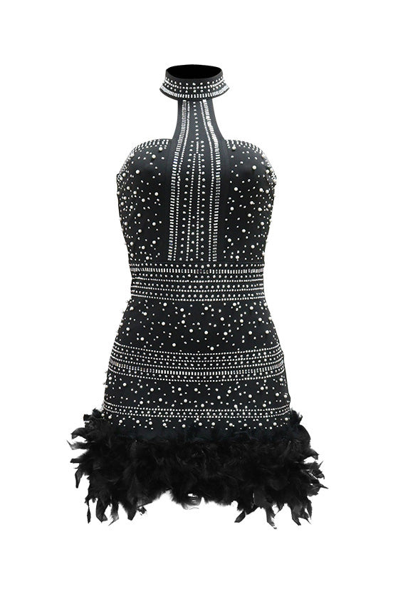Rhinestone Halter Feather Trim Mini Dress