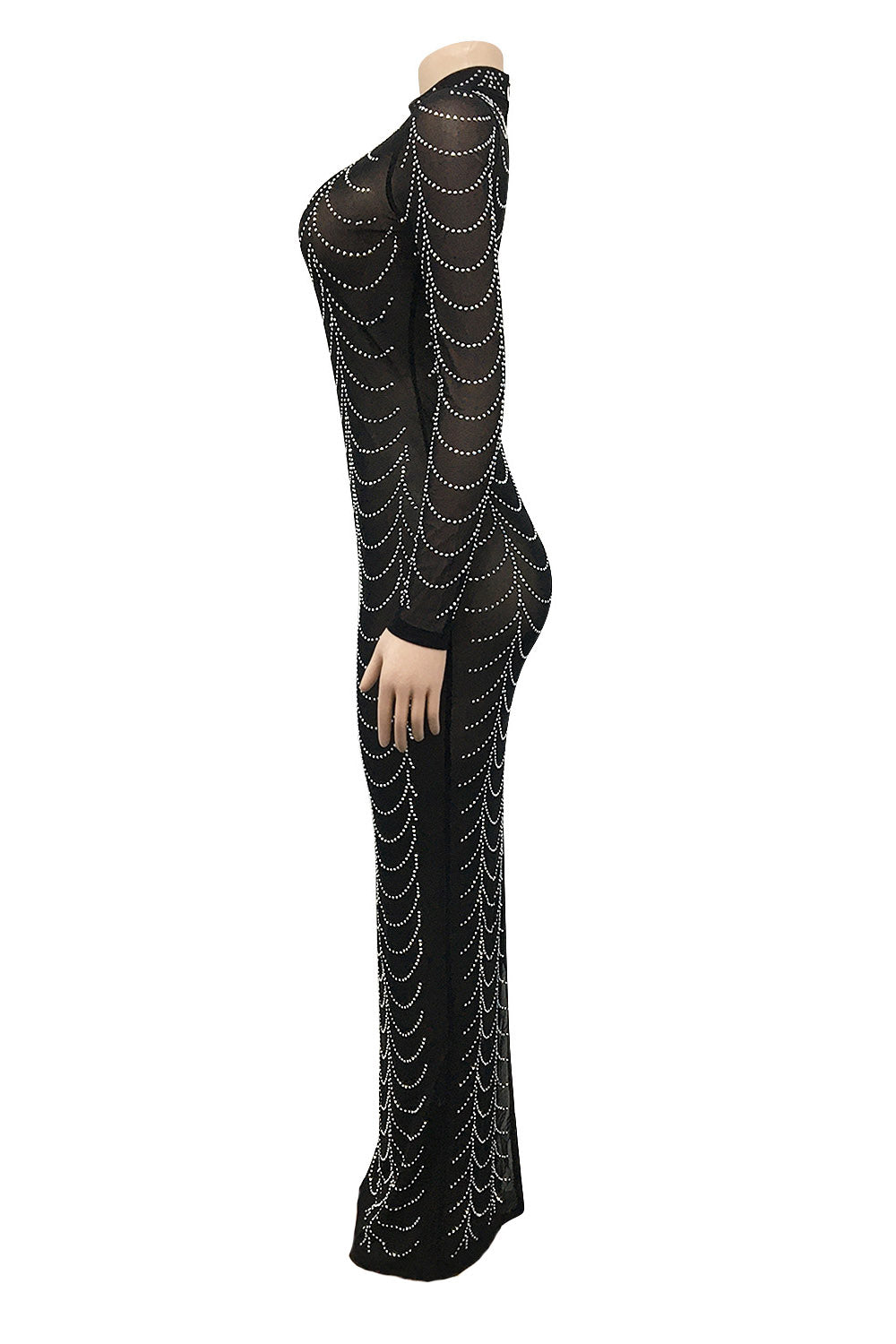 Rhinestone Long-Sleeve Sheer Maxi Dress