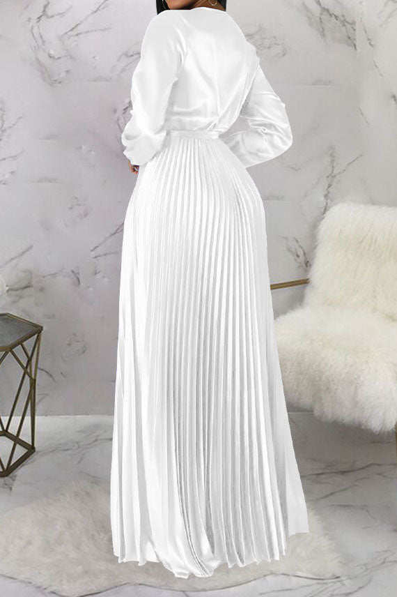 Faux Silk Pleated Tie-Waist Maxi Dress