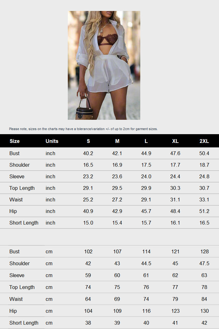 Sheer Long Sleeves Top Shorts Set