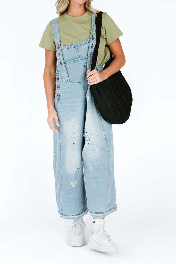 Loose Fit Distressed Denim Overalls