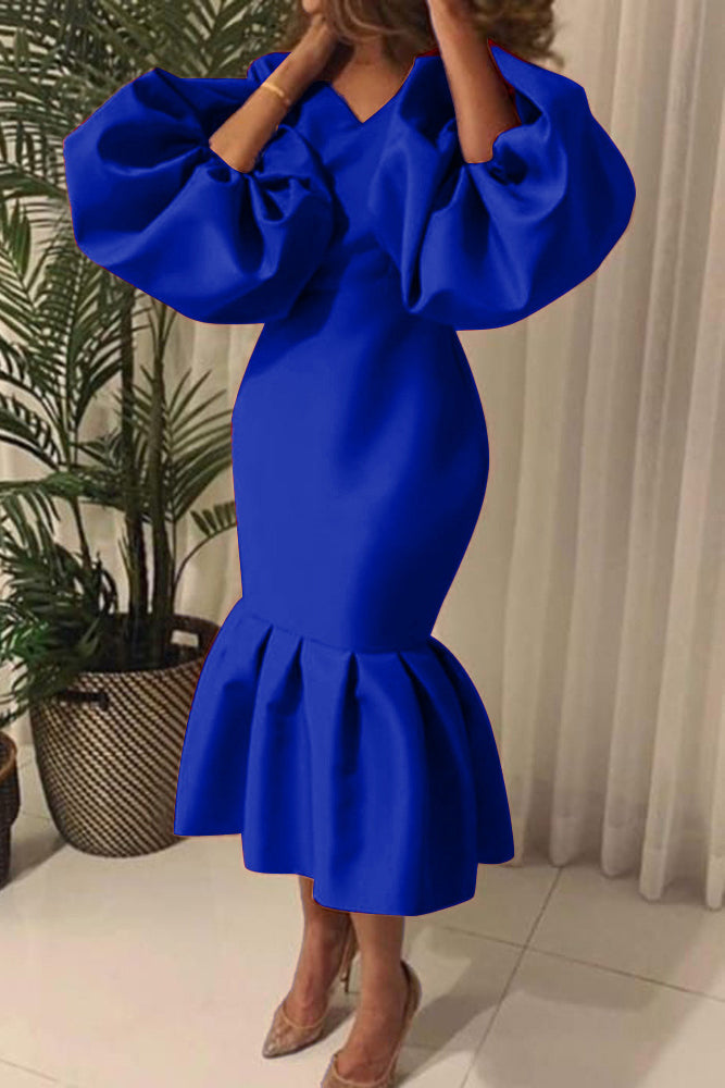Plus Size Solid Color Puff Sleeve Flounce Dress