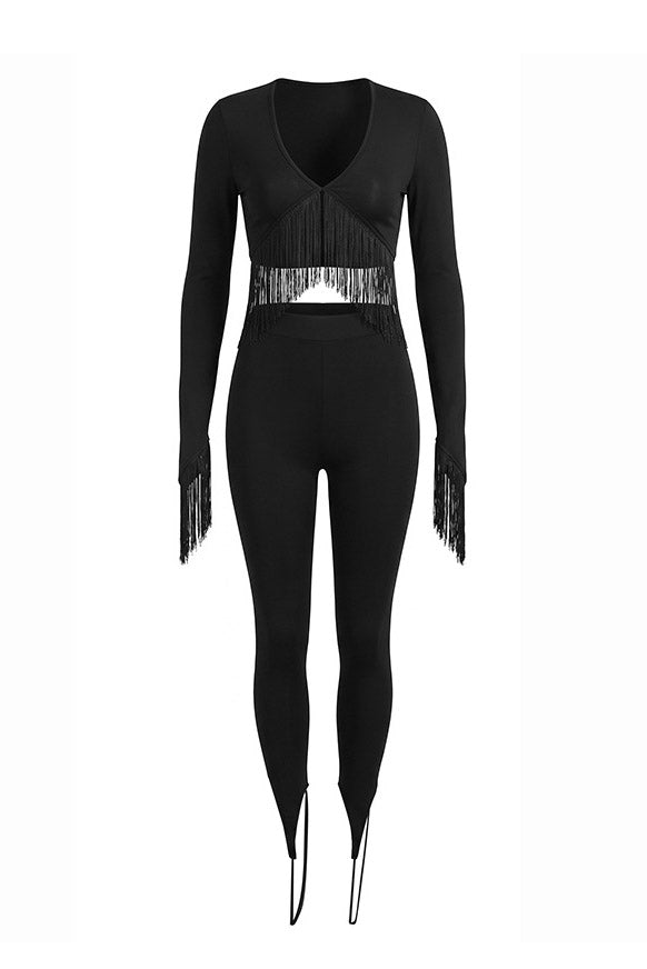 Fringe Crop Top & Stirrup Leggings Set