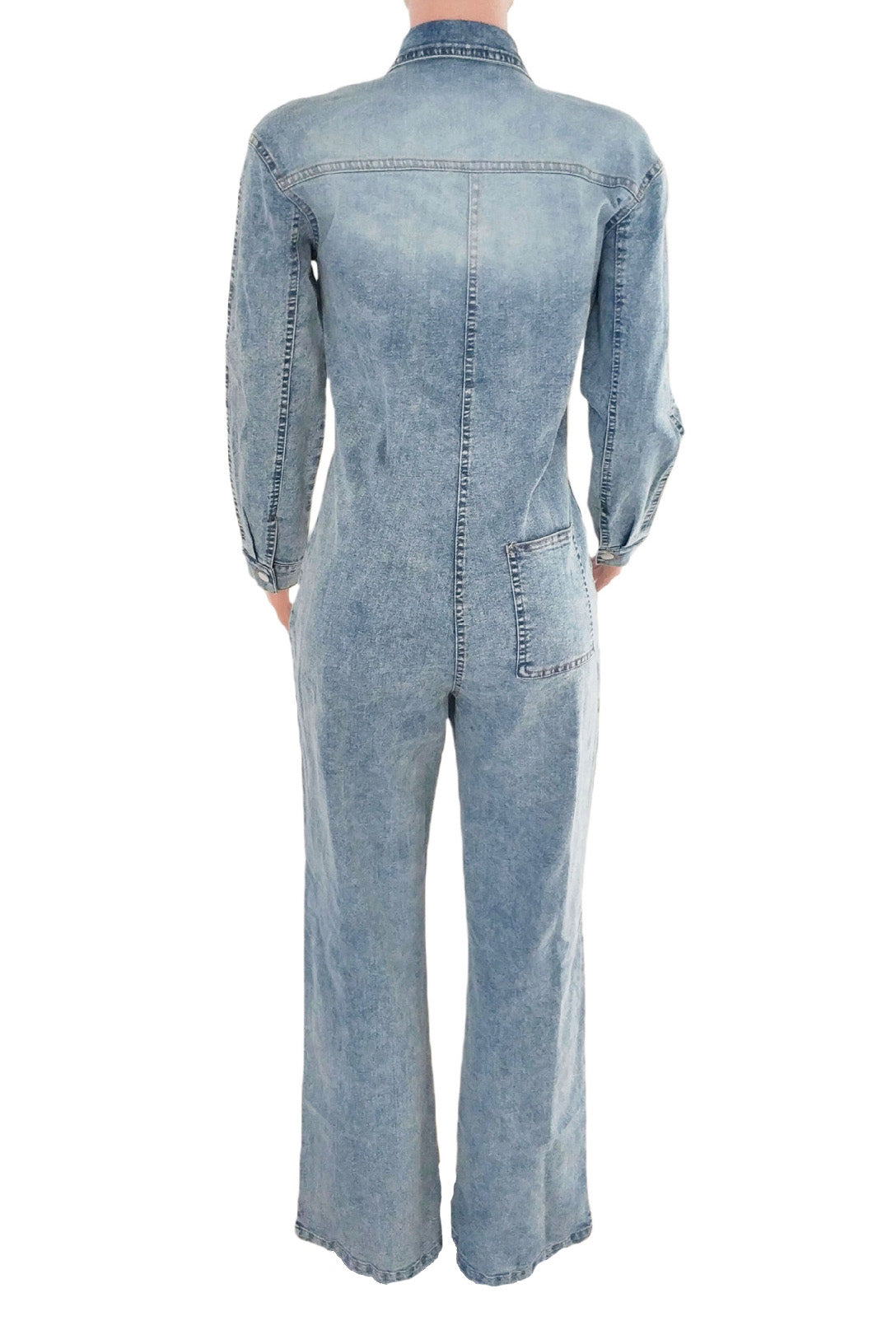 Slim Fit Long Sleeve Washed Denim Jumpsuit