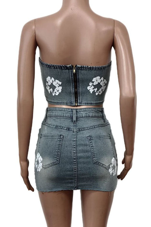 Printed Strapless Elastic Denim Skirt Set