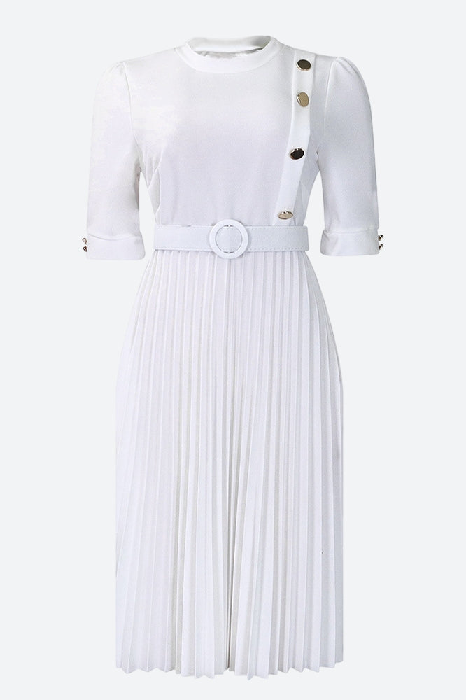 Elegant Half Sleeve O-Neck Solid Midi Dress