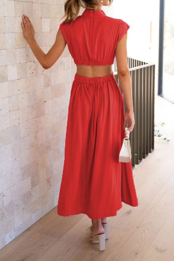 Mock Neck Cut Out Pleated Maxi Dress