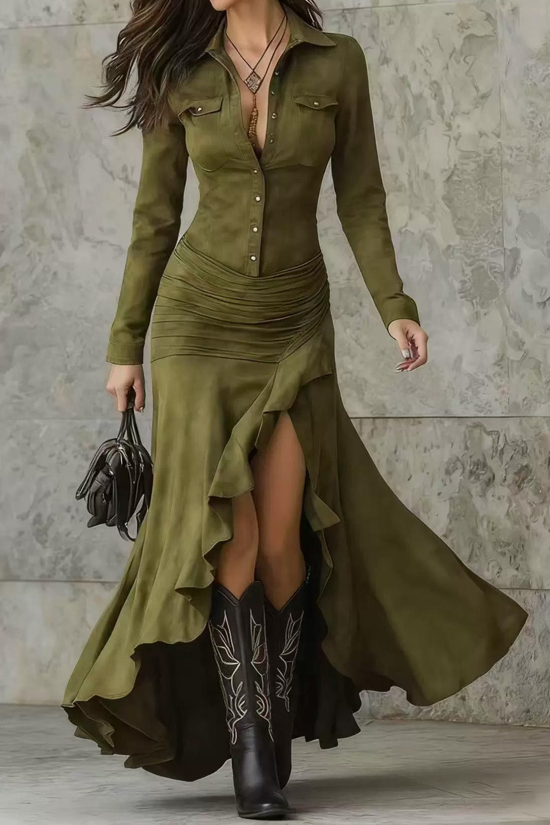 Irregular Ruffled Collared Maxi Dress