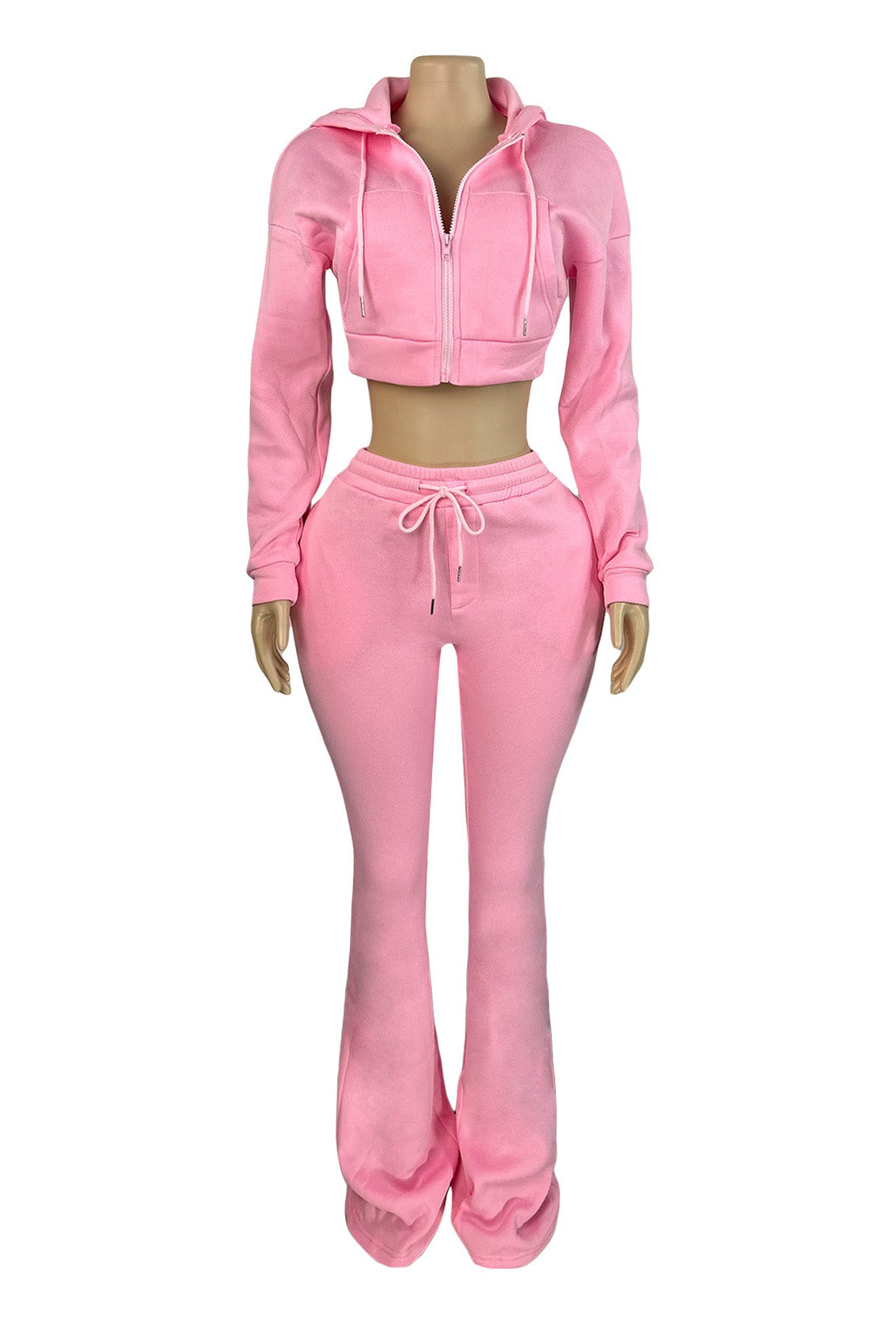 Fleece Hoodie Zip Jacket and Flare Pants Set