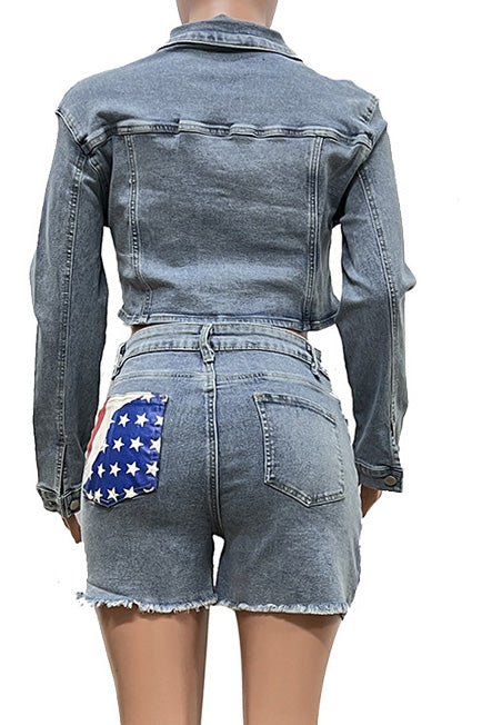 Casual Denim Set with Flag Print for Women