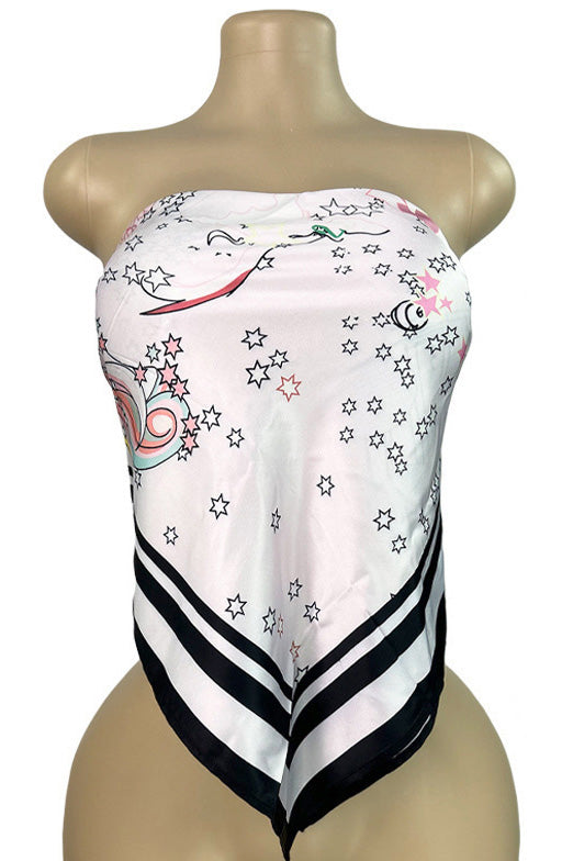 Printed Strapless Scarf Top with Tie Back