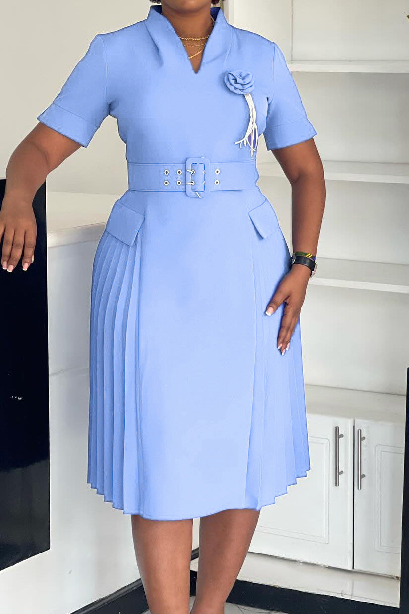 V-Neck Solid Color Plus Size Pleated Dress
