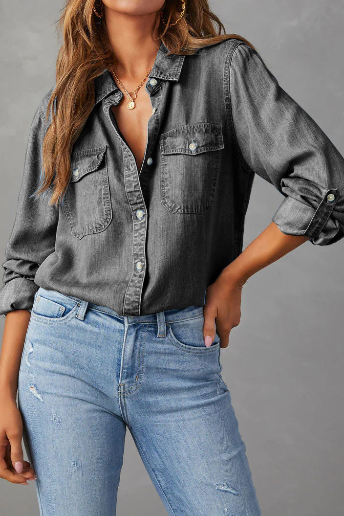 Classic Roll-Tab Sleeve Denim Button-Down