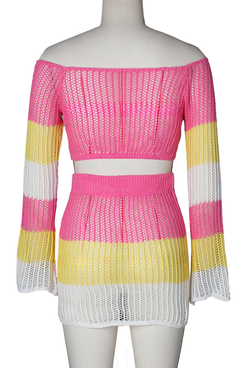 Crochet Long Sleeve Crop Top Skirt Sets