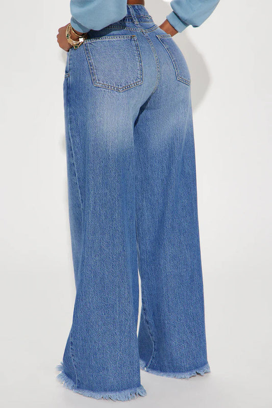 High Waist Raw Hem Wide Leg Trouser Jeans