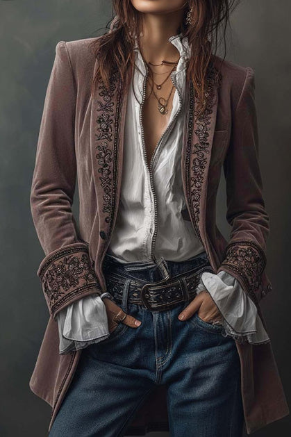 Velvet Embroidered Long Jacket