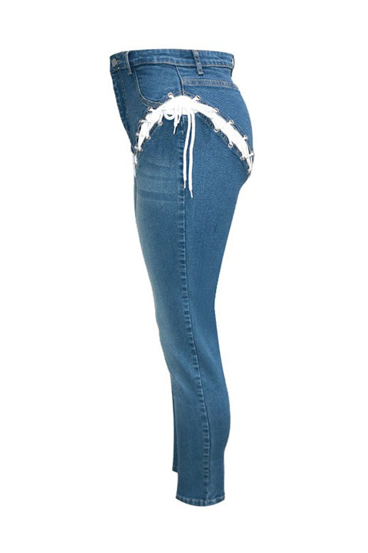 High-Rise Front & Back Lace-Up Cutout Jeans
