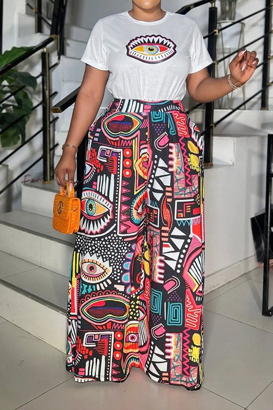 Printed Two Piece Set with Wide Leg Pants