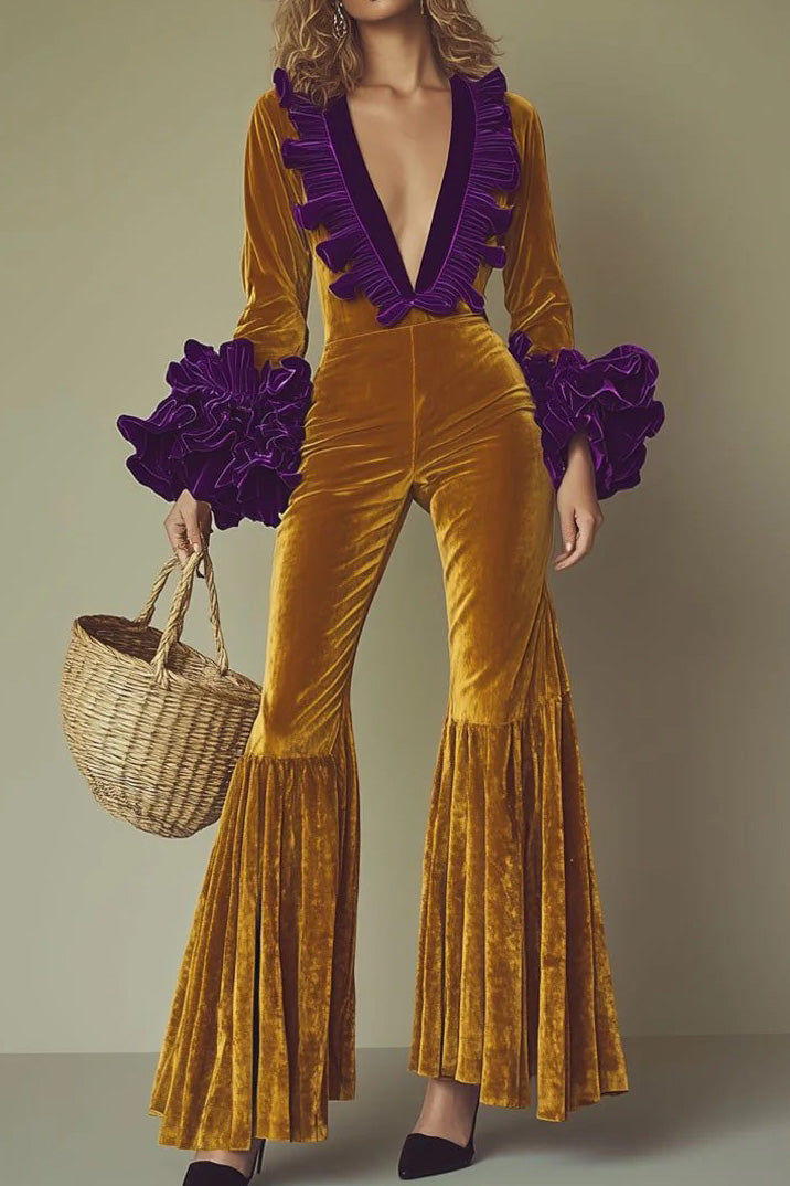 Velvet Contrast Stitch V Neck Jumpsuit