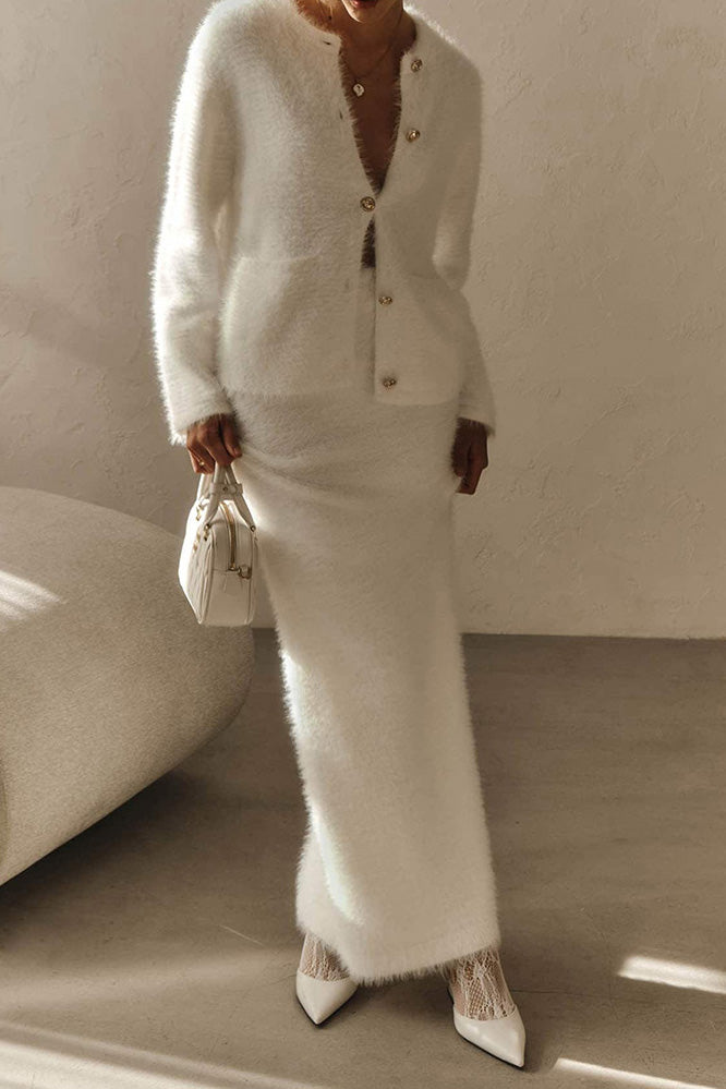 Fuzzy Long Sleeve Button Cardigan and Skirt Set