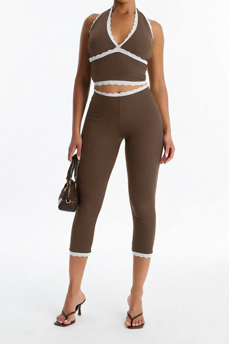 Lace Trim Ribbed Capri Set