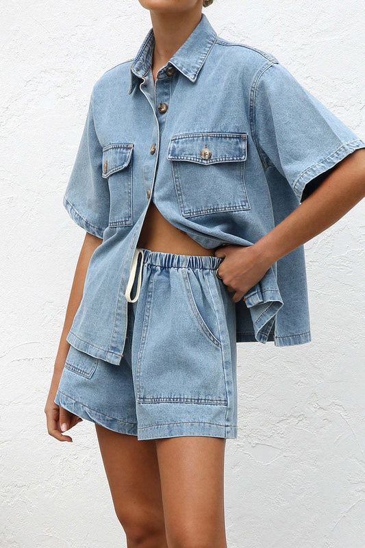 Loose Pocket Denim Shirt & Shorts Set