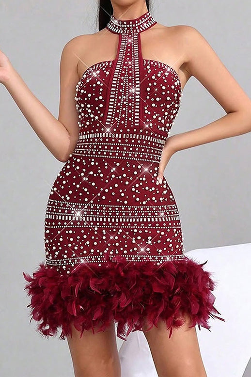 Rhinestone Halter Feather Trim Mini Dress