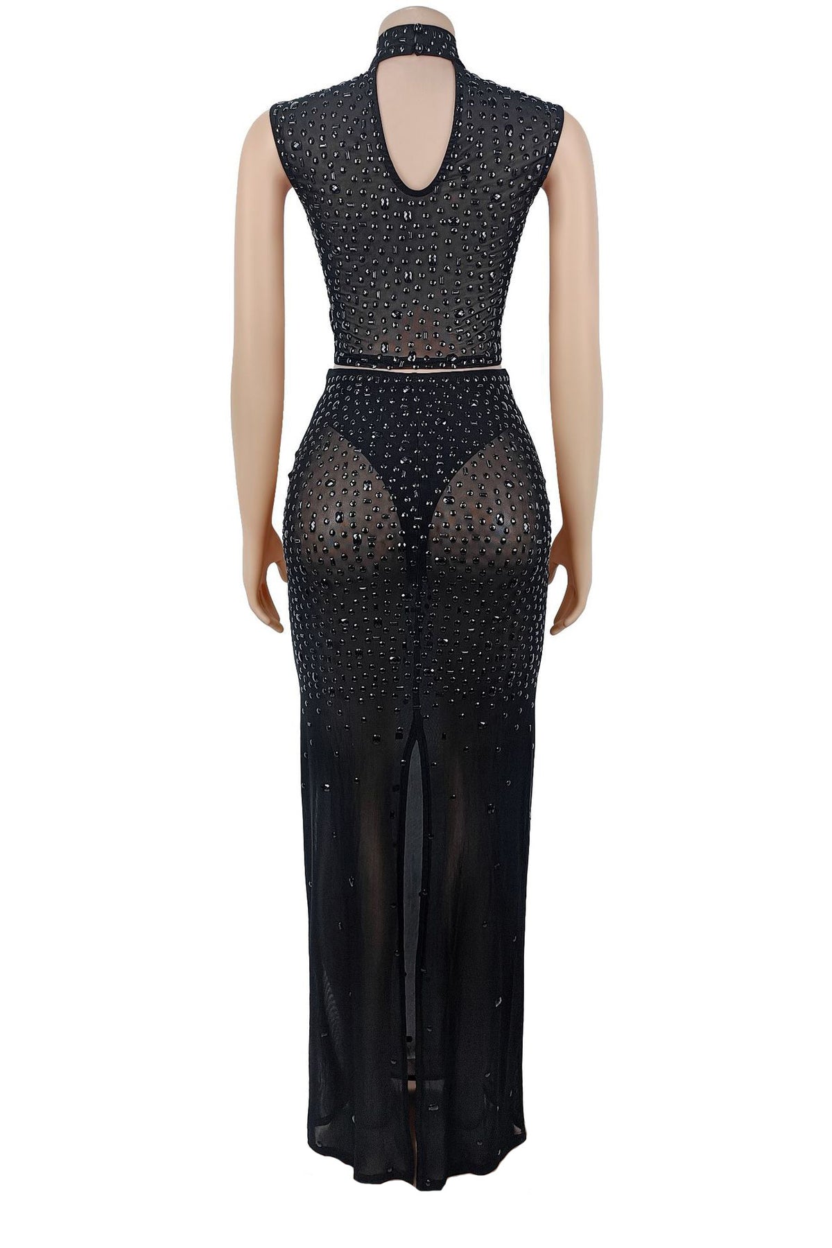 Sheer Rhinestone Mesh Maxi Skirt Set