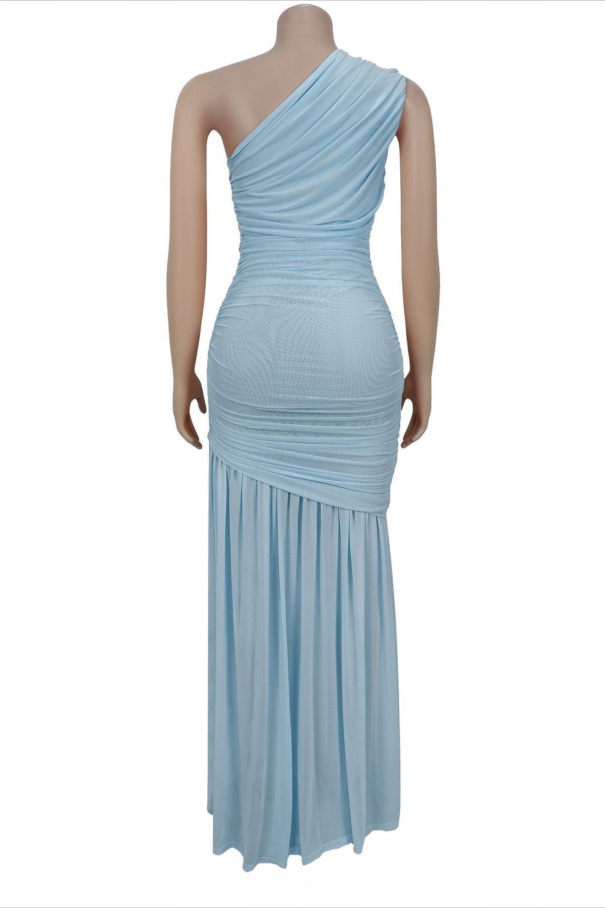 One-Shoulder Ruched Mesh Maxi Dress