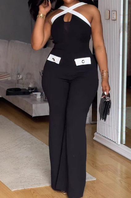 Color Block Cross Strap Wide Leg Jumpsuit