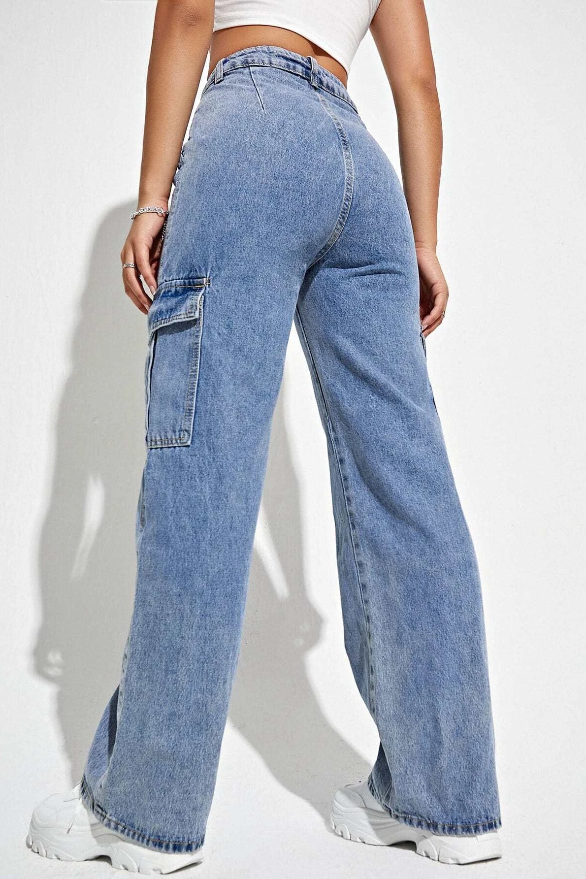 High Waist Flap Pocket Side Cargo Jeans