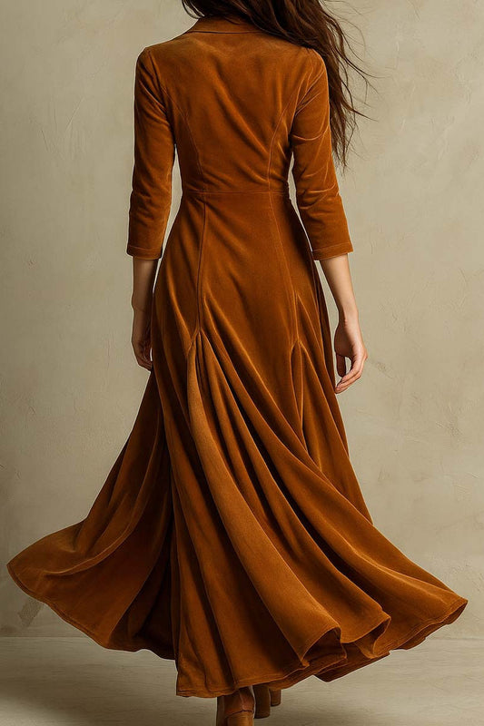Solid Velvet Lapel Button Maxi Dress
