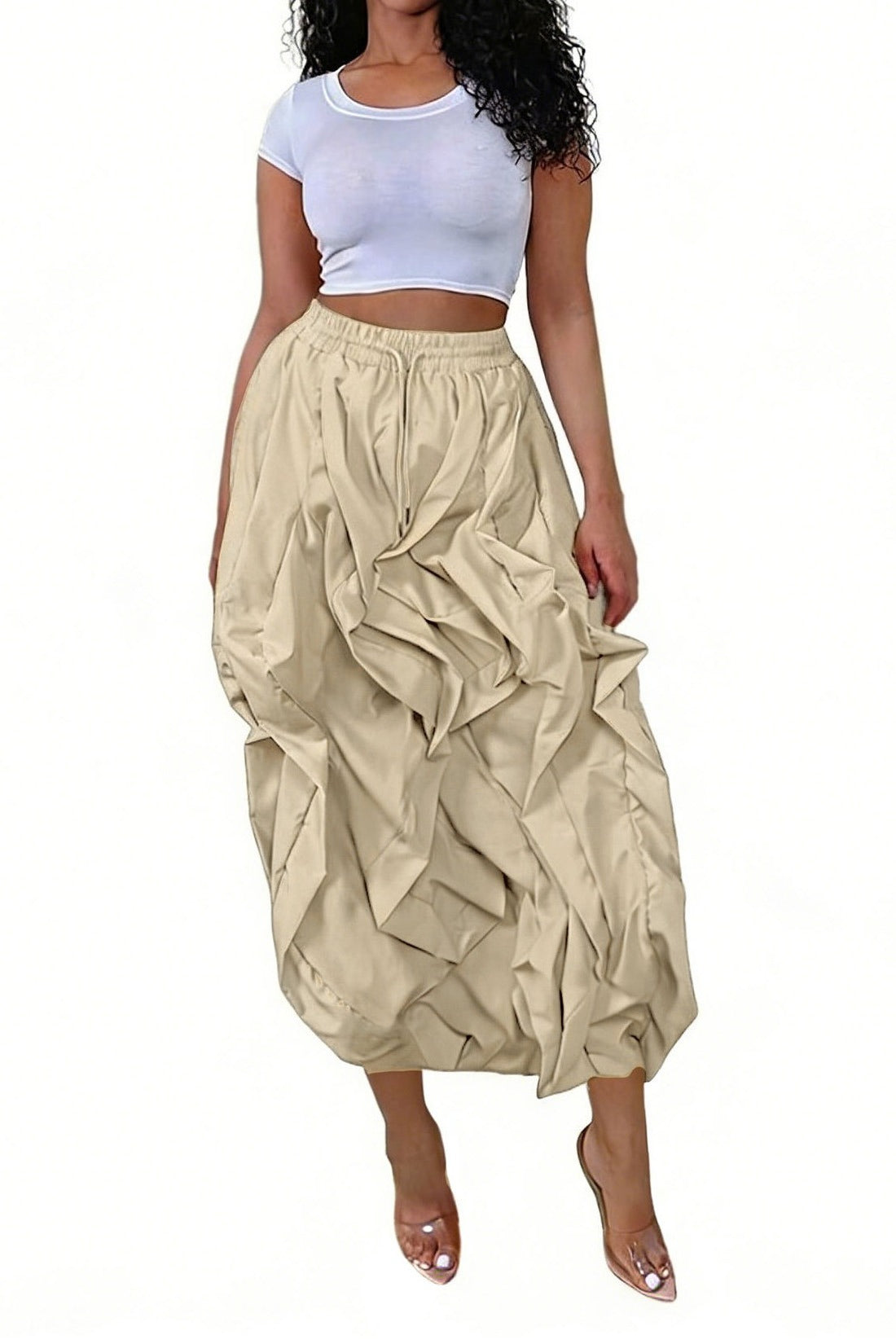 Ruched Drawstring Parachute Maxi Skirt