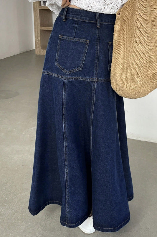 Paneled A-Line Denim Maxi Skirt
