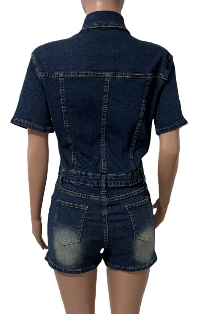 Short Sleeve Slim Fit Stretch Denim Romper