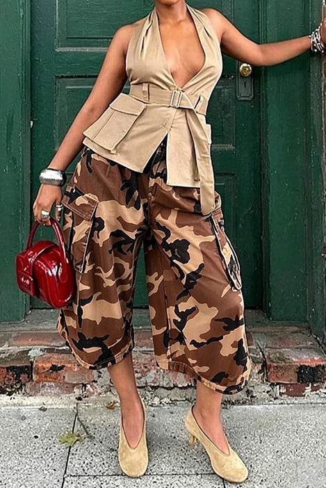 Camo Cargo Balloon Capri Pants
