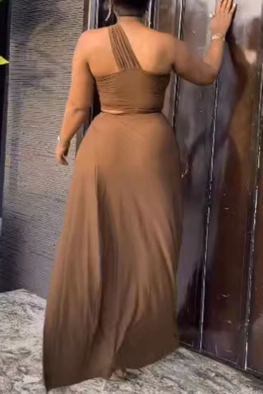 Solid One Shoulder Crop Top and Slit Skirt Set
