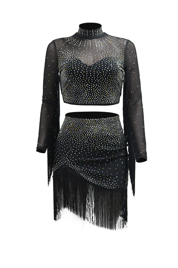 Rhinestone Mesh Fringe Skirt Set