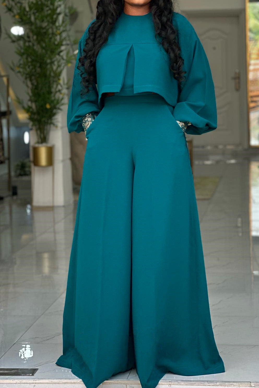 Plus Size Lantern Sleeve Wide Leg Pant Set
