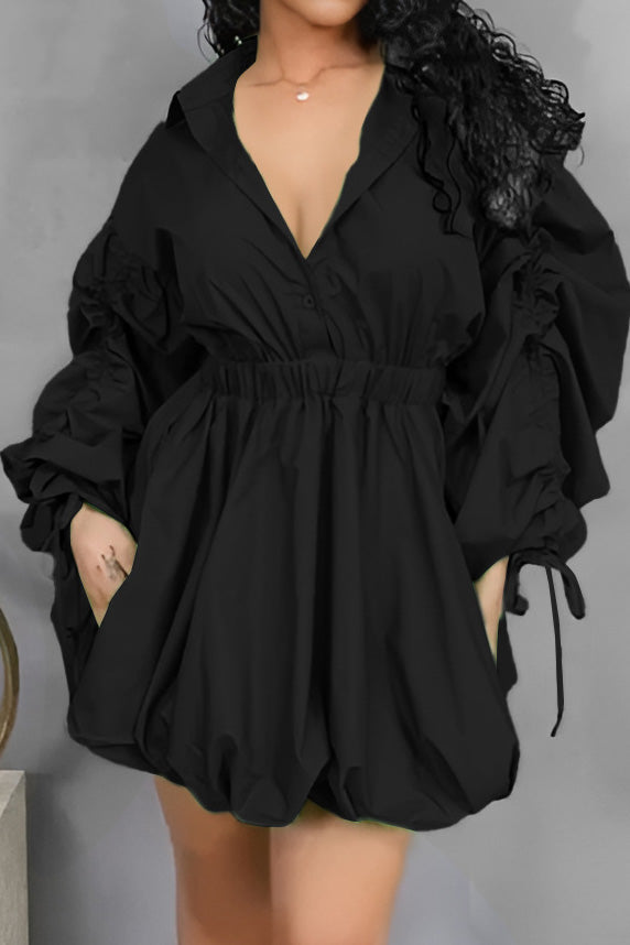 Ruched-Sleeve Button-Front Dress