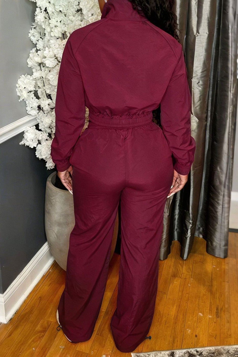 Zip-Front Piped Top & Wide-Leg Pants Set