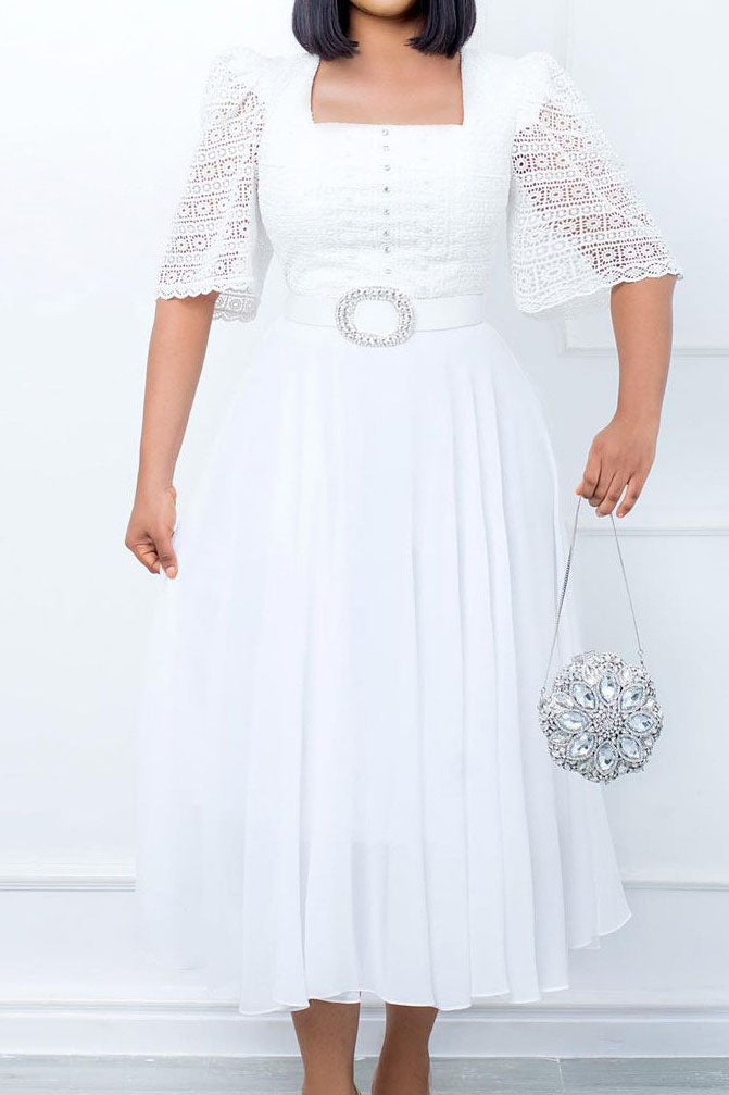 Square Neckline Lace Sleeve Midi Party Dress