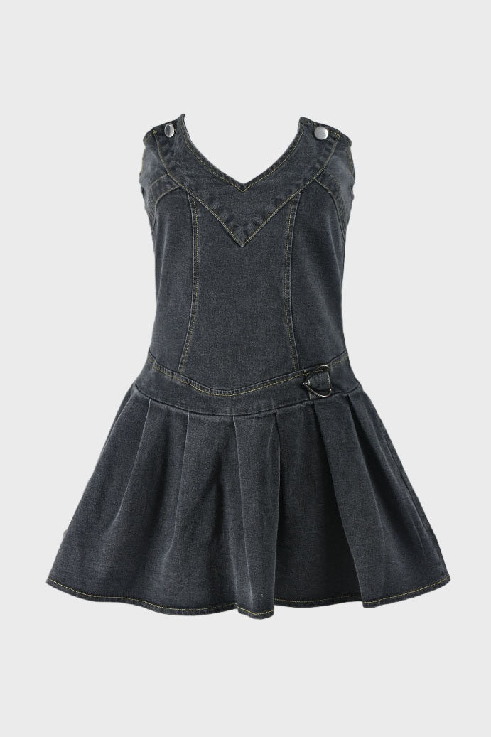 V Neck Pleated Denim Dress