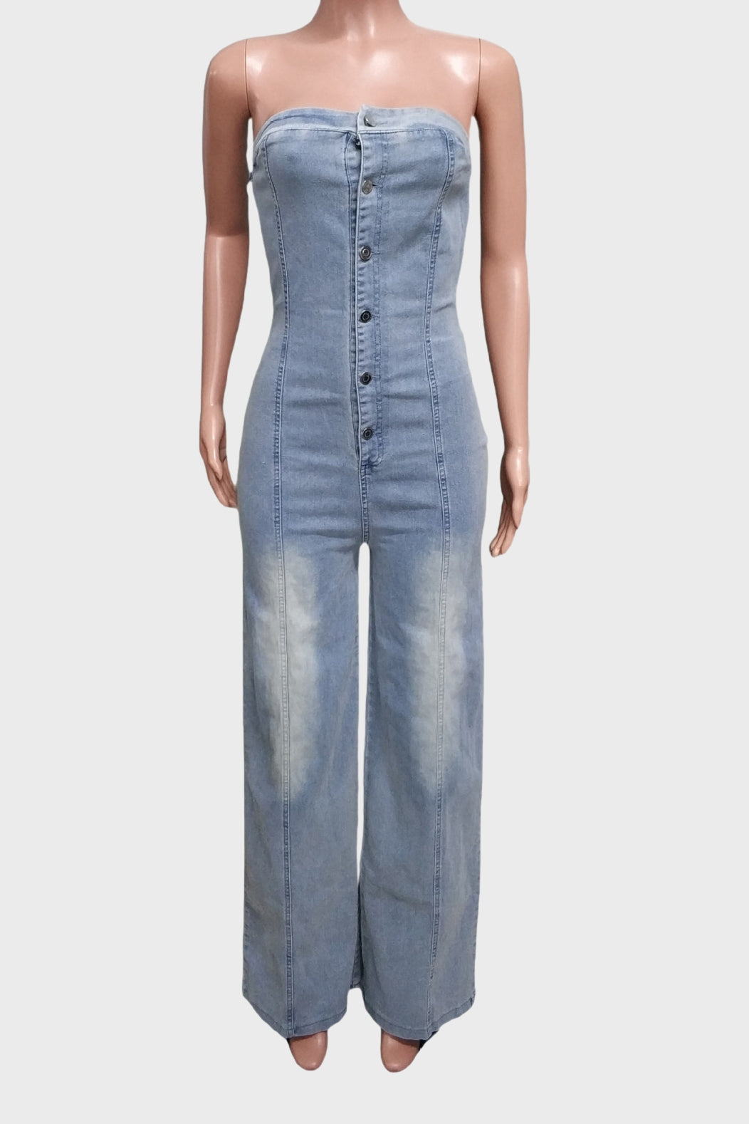 Denim Button Strapless Jumpsuit